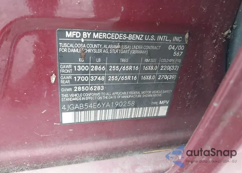 2000 Mercedes-Benz Ml 320 из США, поврежденный, VIN 4JGAB54E6YA190258